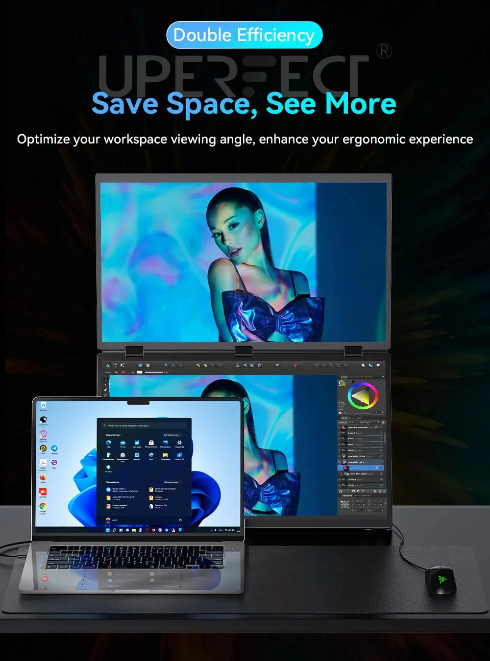 Uperfect Triple Screen 15.6"/18.5“ Portable Foldable Monitor Dual Screen With Stand Extender 1080P Fhd Ips For Laptop Windows 14