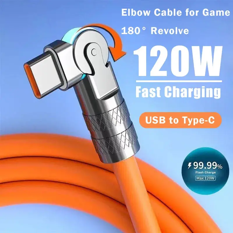 120W 7A Fast Charge Usb Type C Cable 180 Degree Rotation Elbow Cable For Game For Xiaomi Redmi Honor Phone Charger Usb C Cable 1