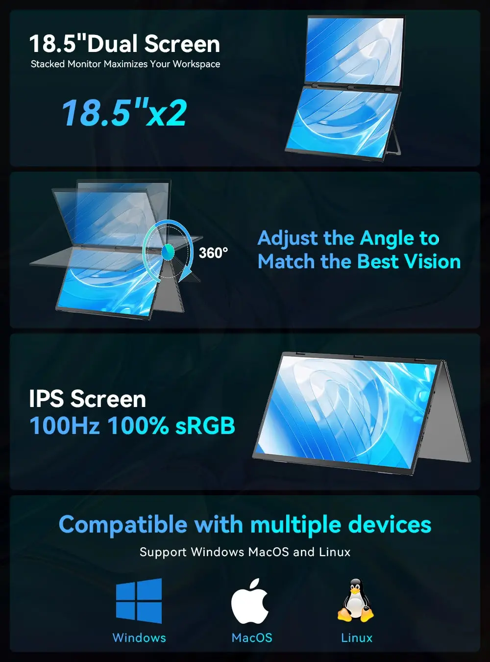 Uperfect Triple Screen 15.6"/18.5“ Portable Foldable Monitor Dual Screen With Stand Extender 1080P Fhd Ips For Laptop Windows 8