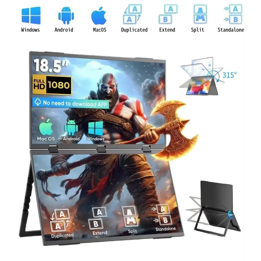 18.5" Portable Dual Monitor For Laptop Screen Extender Fhd 1080P Dual Display With Vesa 360° Folding Stacked Tripl 1