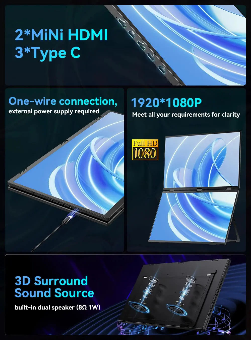 Uperfect Triple Screen 15.6"/18.5“ Portable Foldable Monitor Dual Screen With Stand Extender 1080P Fhd Ips For Laptop Windows 4