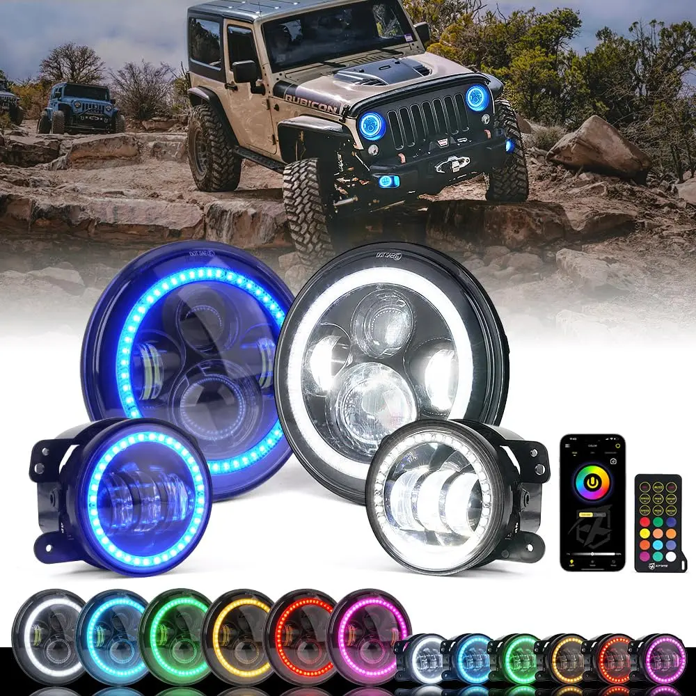 Xprite 7" Inch Rgb Halo Led Headlights & 4" Fog Lights Led Combo For 2007-2018 Jeep Wrangler Jk Jku 1
