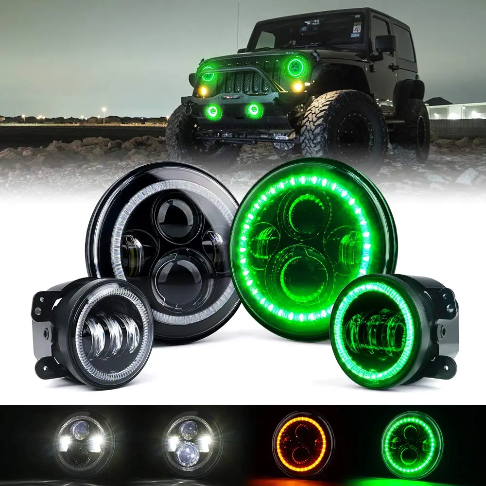 7" 90W Led Headlights & 4 Inch 60W Fog Lights Combo W/Green Halo Angel Eye 1