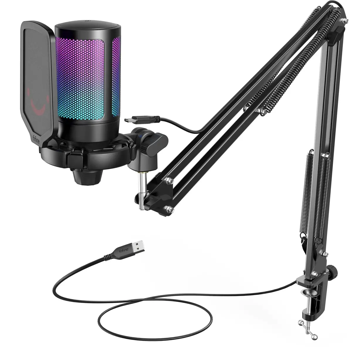 Fifine Usb Gaming Microphone Kit For Pc,Ps4/5 Condenser Cardioid Mic Set With Mute Button/Rgb /Arm Stand,For Streaming Video-A6t 1