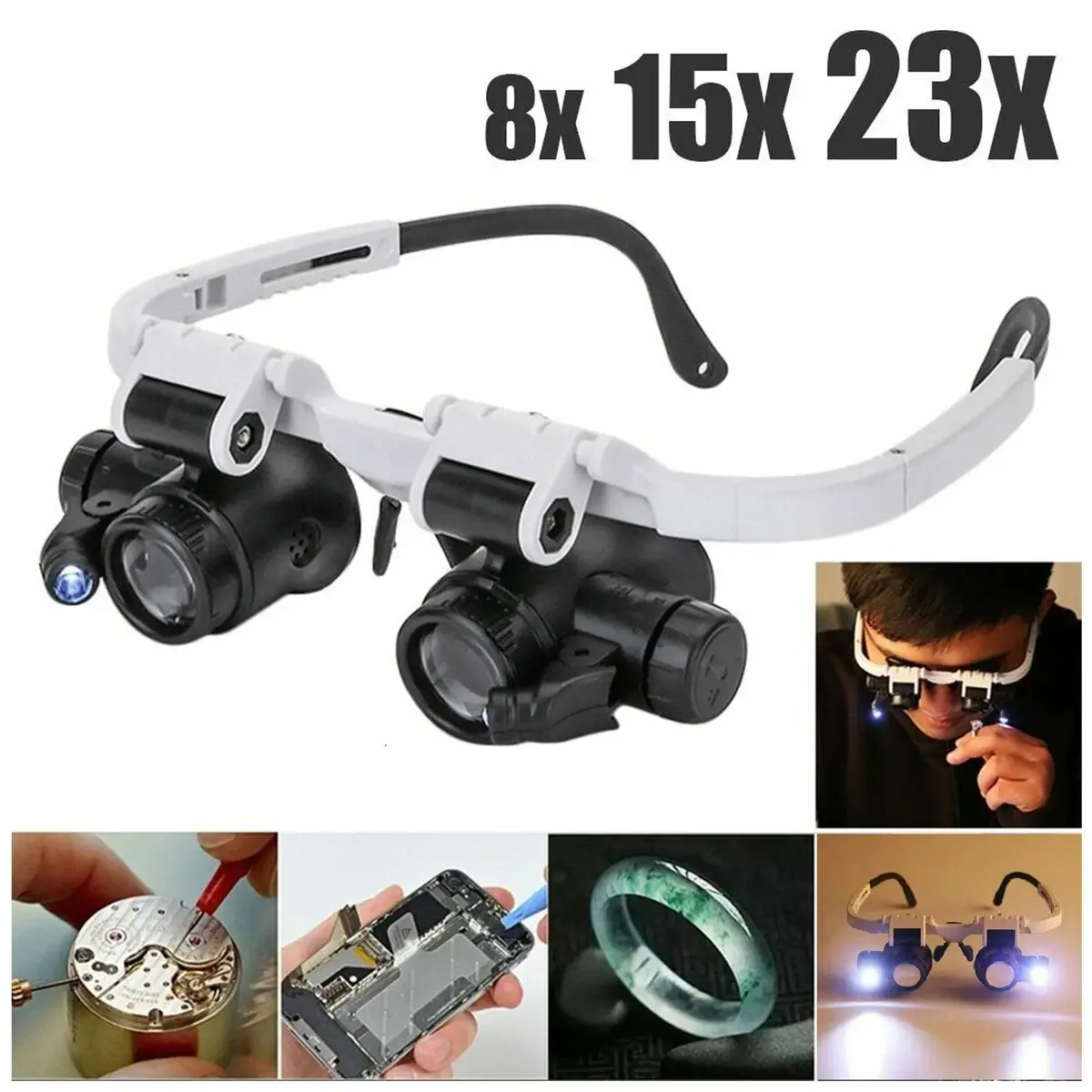 2Xled Watch Jeweler Repair Magnifier Head-Mounted Headband Adjustable Magnifying Head Eye Glasses Loupe Lens 8X 15X 23X 1