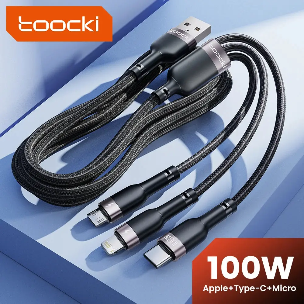 Toocki 3 In 1 Usb Cable 6A 100W Micro Usb Type C Charging Cable For Iphone 14 13 12 Huawei Honor Xiaomi 13 Vivo Oppo Data Cord 1