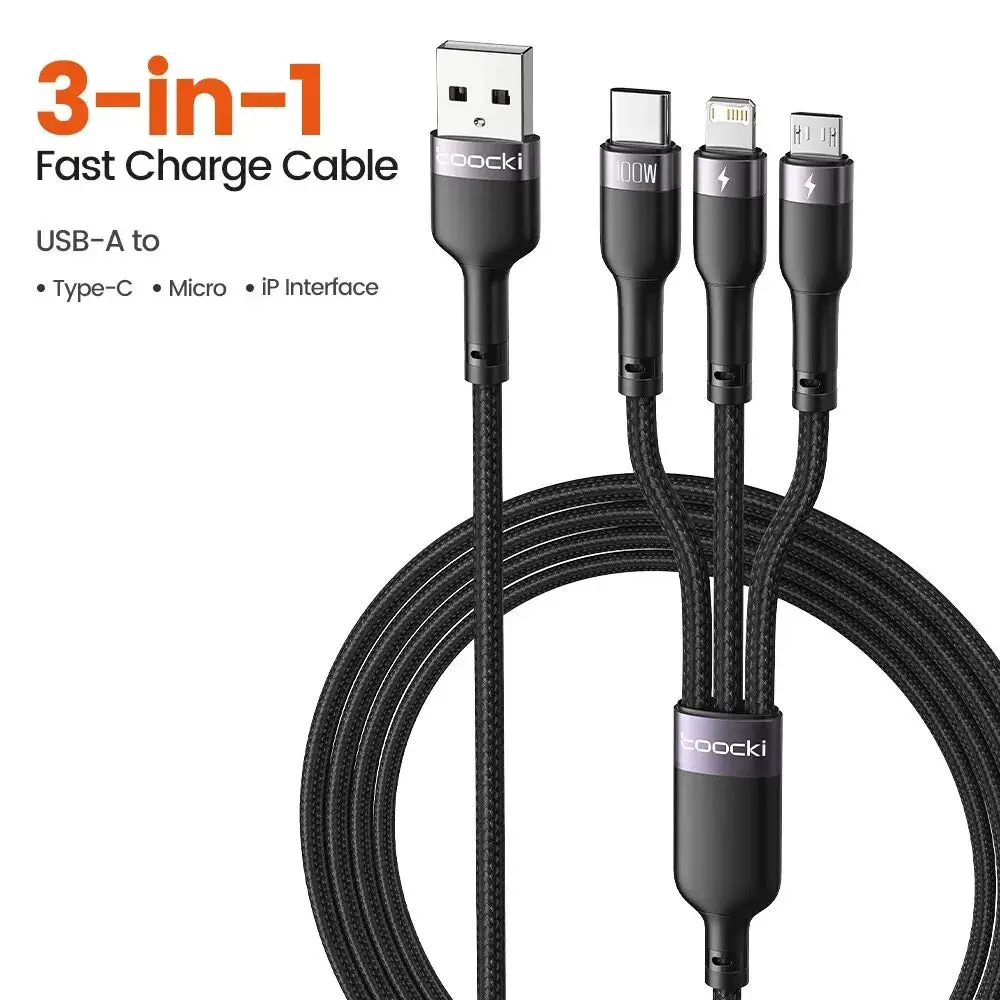 Toocki 3 In 1 Usb Cable 6A 100W Micro Usb Type C Charging Cable For Iphone 14 13 12 Huawei Honor Xiaomi 13 Vivo Oppo Data Cord 1