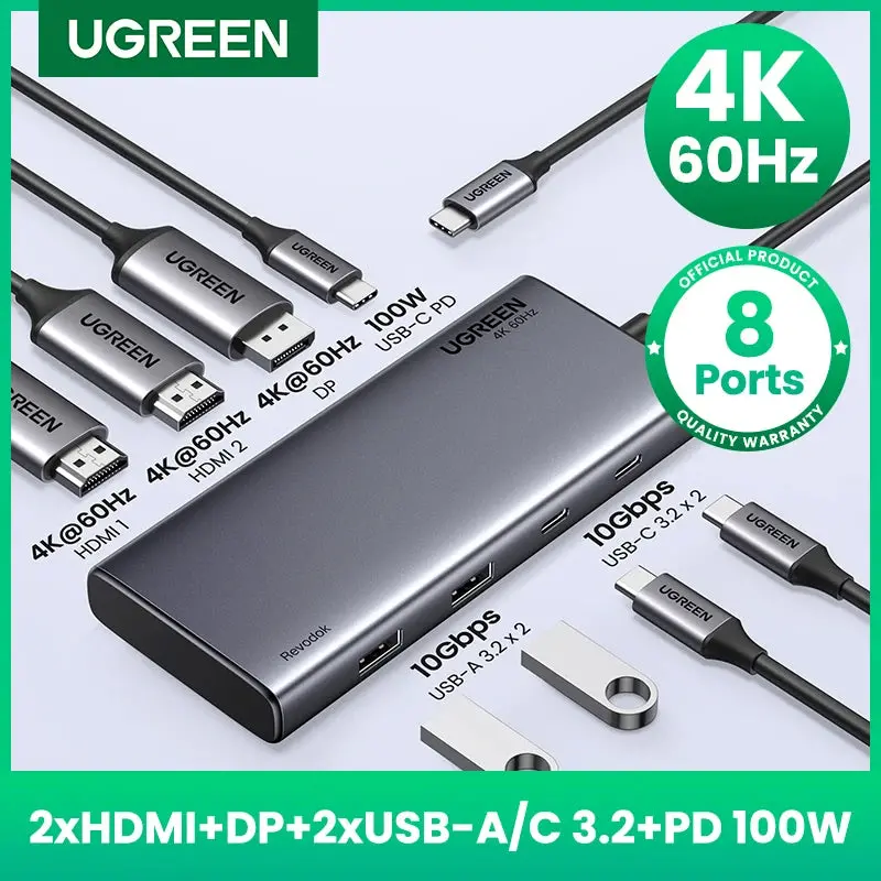 Ugreen Triple Display Usb C Hub 10Gbps 4K Hdmi Adapter 8-In-1 Splitter With Hdmi Dp Usb3.2 Pd 100W Dock For Macbook Pro Air Pc 1