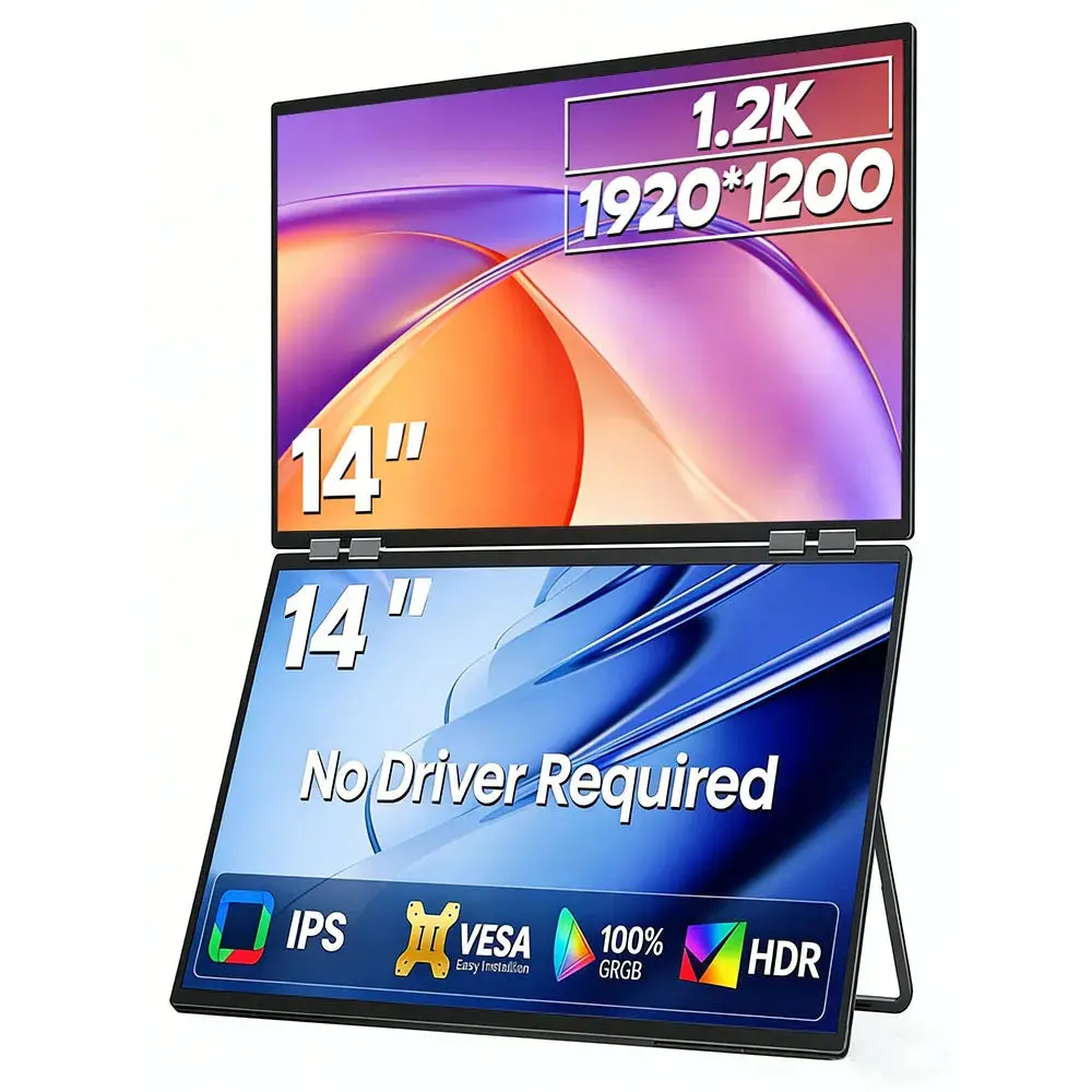 14'' Portable Dual Monitor 1.2K 1920*1200P Stacked Foldable Dual Screen For Pc Laptop Screen Extender  180° Automatic Rotation 1