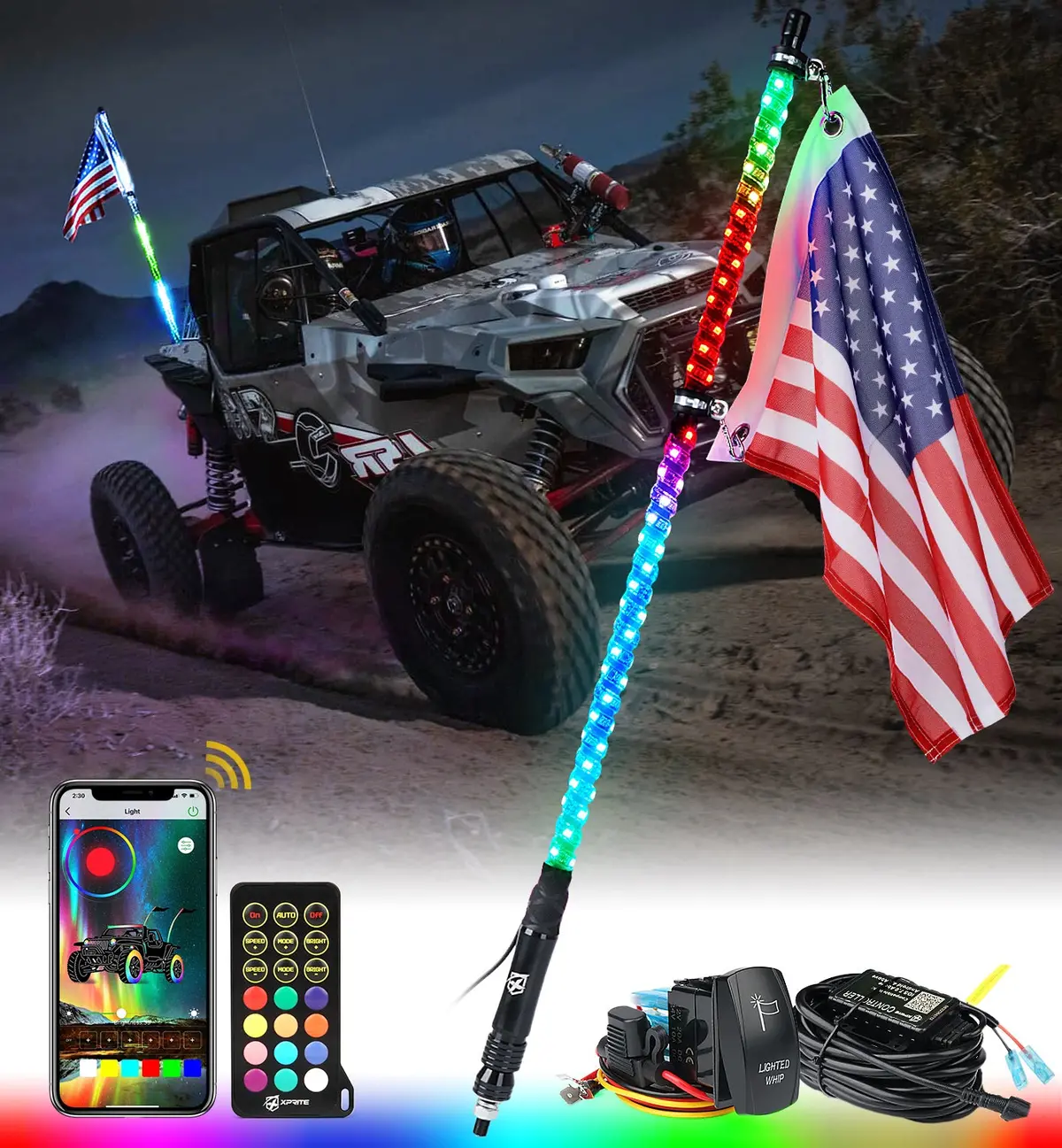 Spiral Rgb Led Flag Pole Whip Light With Remote Control & Bluetooth | Vertigo Series 1