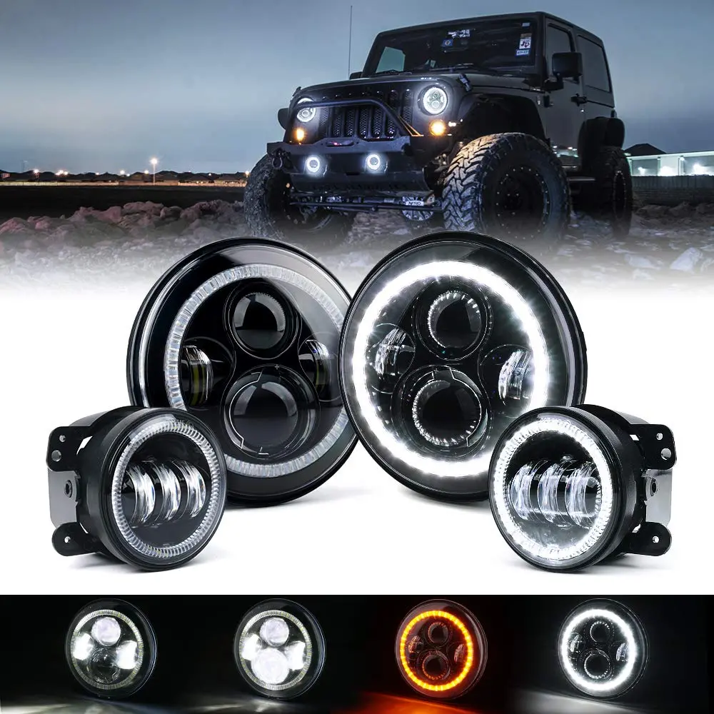 Xprite 7 Inch 90W Led Headlights & 4 Inch 60W Fog Lights Combo W/White Halo Lights Compatible With 2007-2018 Jeep Wrangler Jk 1