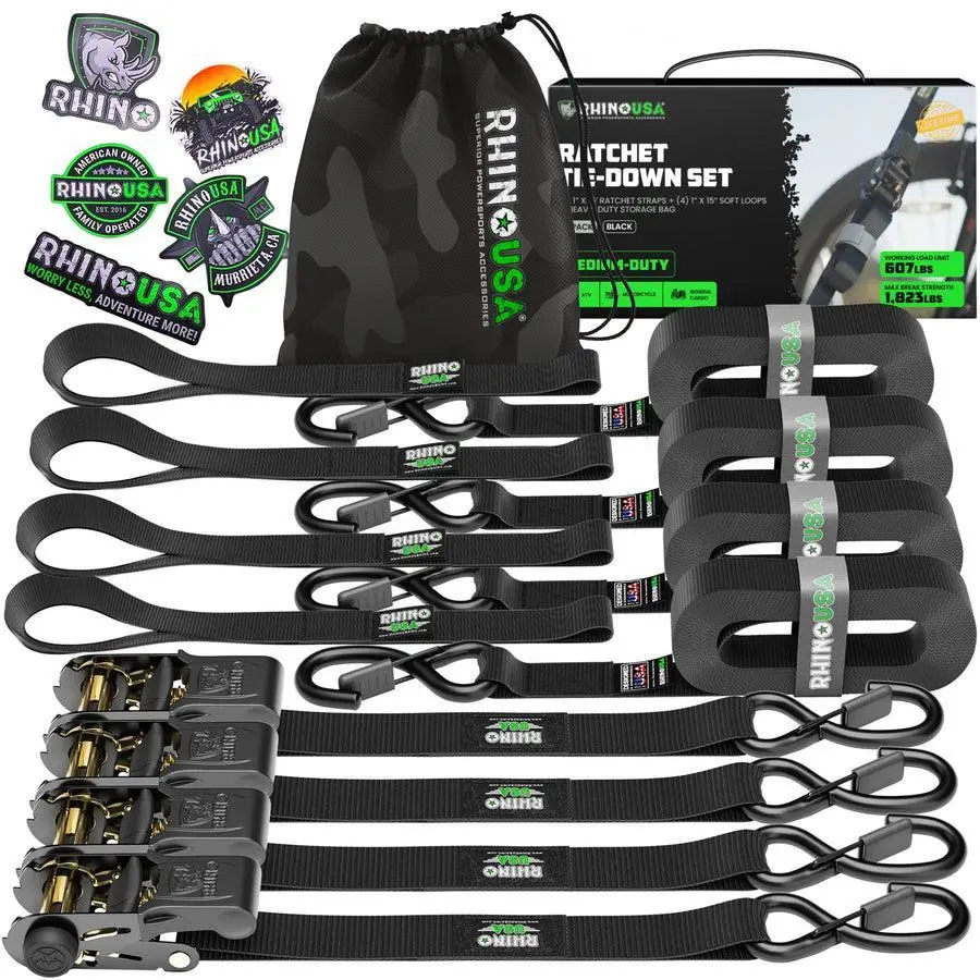 Rhino Usa Medium Duty Ratchet Strap Tie-Down 4-Pack (Black) | Gmg-R1-4Pack 1