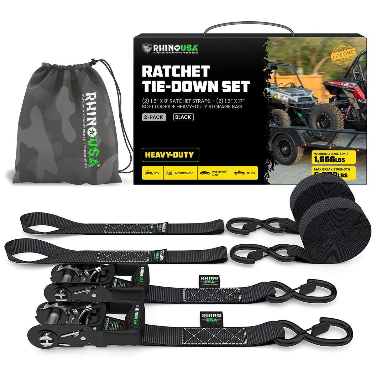 Rhino Usa Heavy Duty Ratchet Tie-Downs 2-Pack (Black) 1.6In X 8Ft | Grla-Tdwn-Set 1