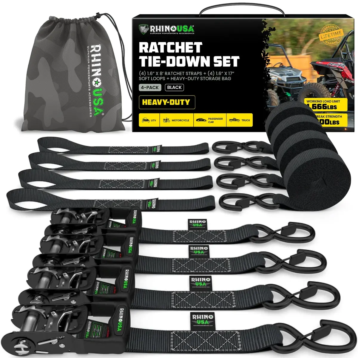 Rhino Usa Self-Tensioning Ratchet Straps (4Pk 1.6Inx8ft) (Black) | Td-Rsst-16X8-4Blk 1