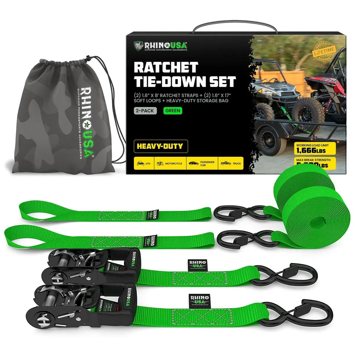 Rhino Usa Heavy Duty Ratchet Tie-Downs 2-Pack (Green) 1.6In X 8Ft | Hdkit-2Pk-Grn 1