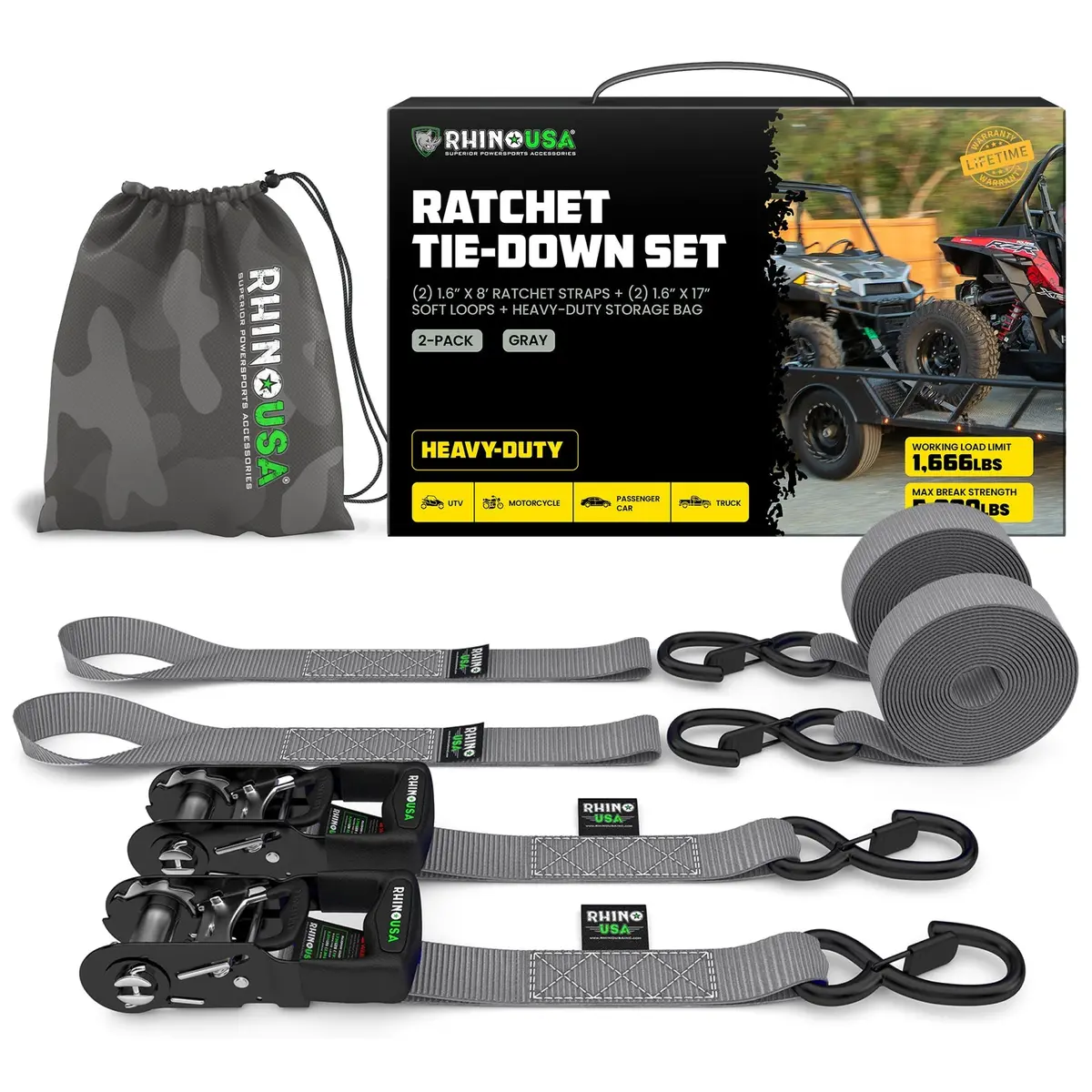 Rhino Usa Heavy Duty Ratchet Tie-Downs 2-Pack (Gray) 1.6In X 8Ft | Hdkit-2Pk-Gry 1