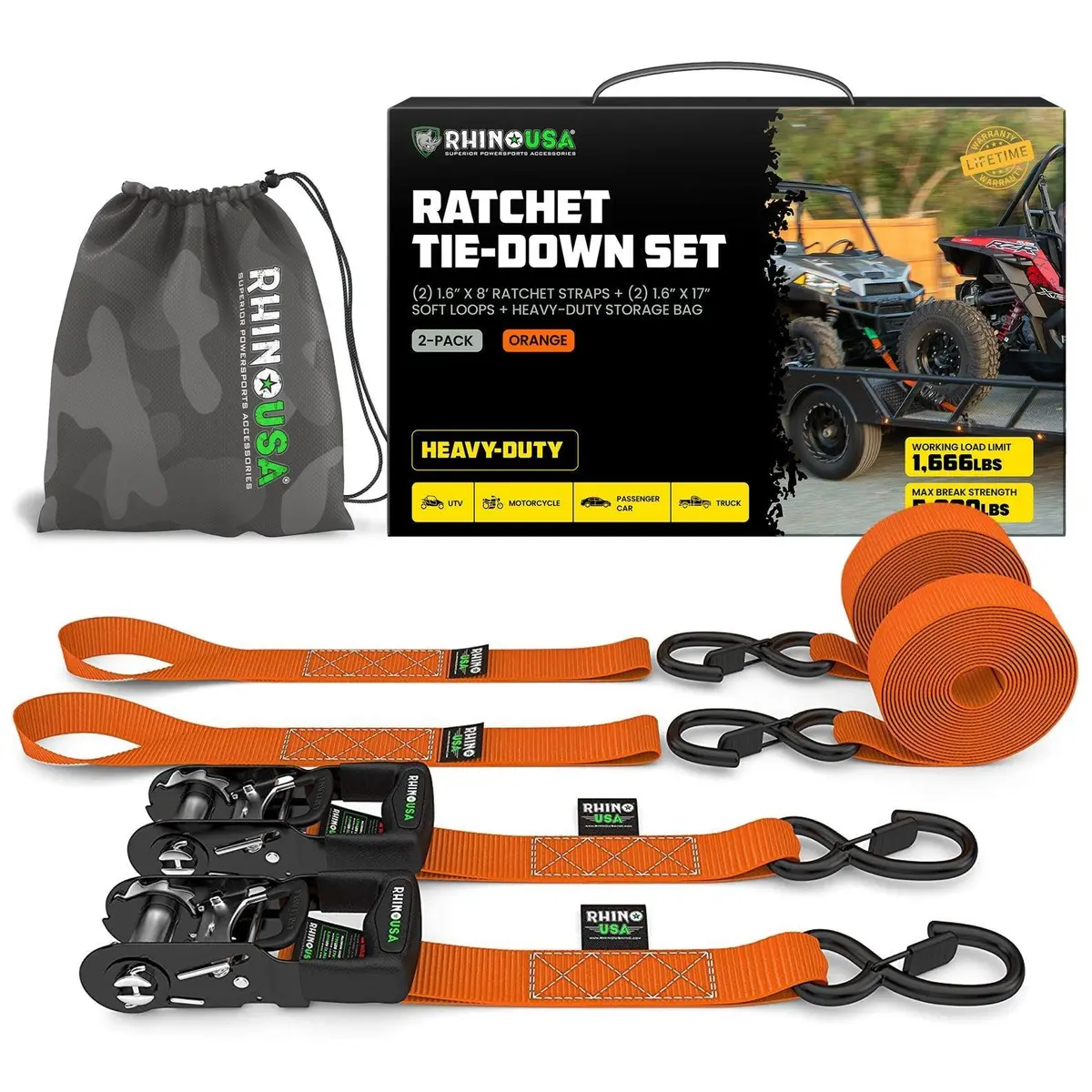 Rhino Usa Heavy Duty Ratchet Tie-Downs 2-Pack (Orange) 1.6In X 8Ft | Hdkit-2Pk-Org 1