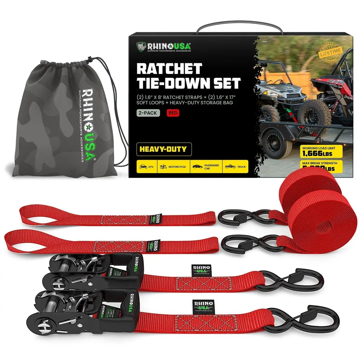 Rhino Usa Heavy Duty Ratchet Tie-Downs 2-Pack (Red) 1.6In X 8Ft | Hdkit-2Pk-Red 1