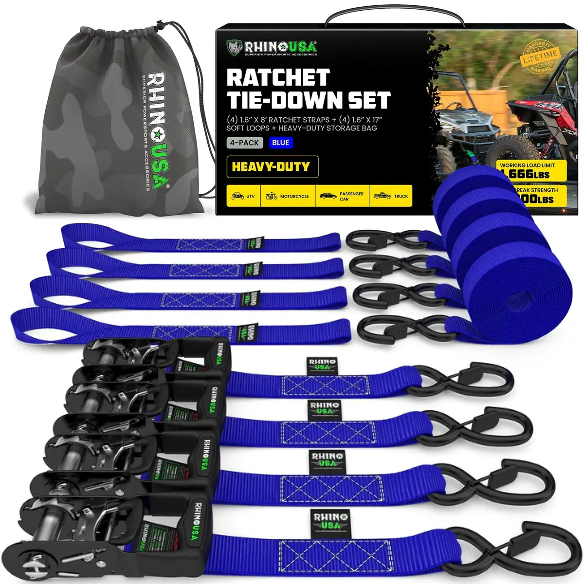 Rhino Usa Heavy Duty Ratchet Tie-Down 4-Pack (Blue) 1.6In X 8Ft | Hdkit-4Pk-Blu 1