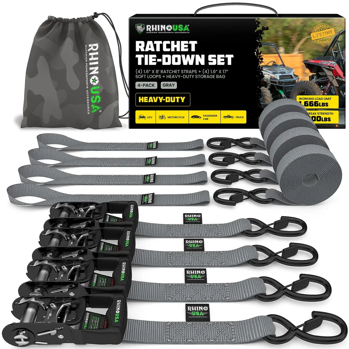 Rhino Usa Heavy Duty Ratchet Tie-Down 4-Pack (Gray) 1.6In X 8Ft | Hdkit-4Pk-Gry 1