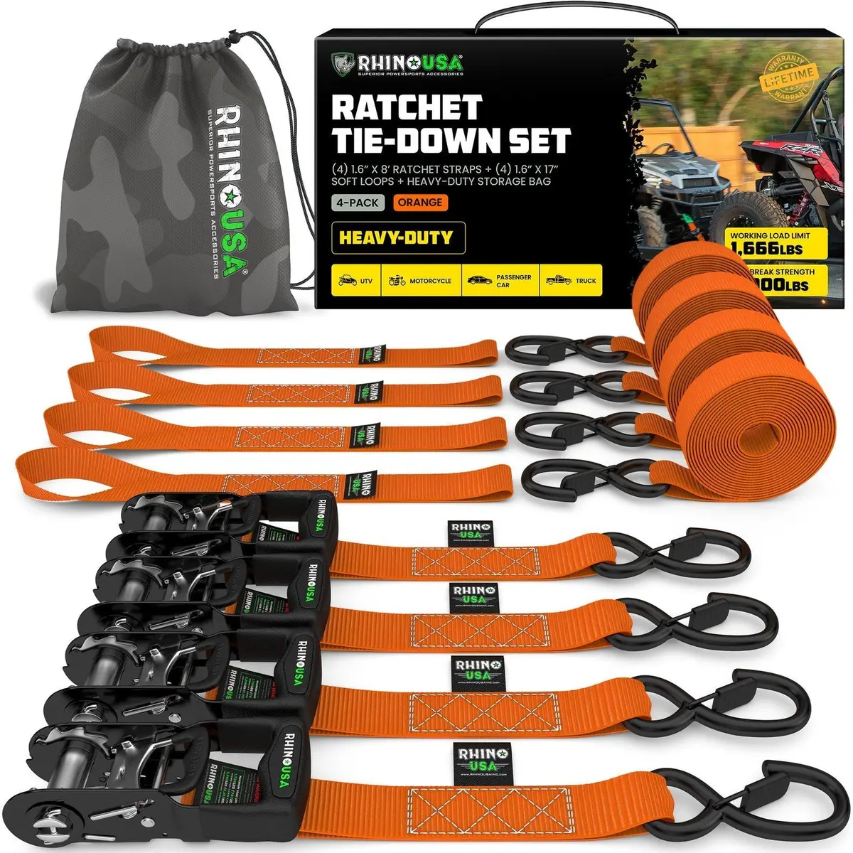 Rhino Usa Heavy Duty Ratchet Tie-Down 4-Pack (Orange) 1.6In X 8Ft | Hdkit-4Pk-Org 1