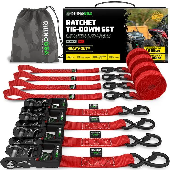 Rhino Usa Heavy Duty Ratchet Tie-Down 4-Pack (Red) 1.6In X 8Ft | Hdkit-4Pk-Red 1
