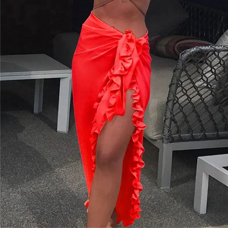Ruffled Chiffon Bikini Wrap Sarong (Red Only) 1