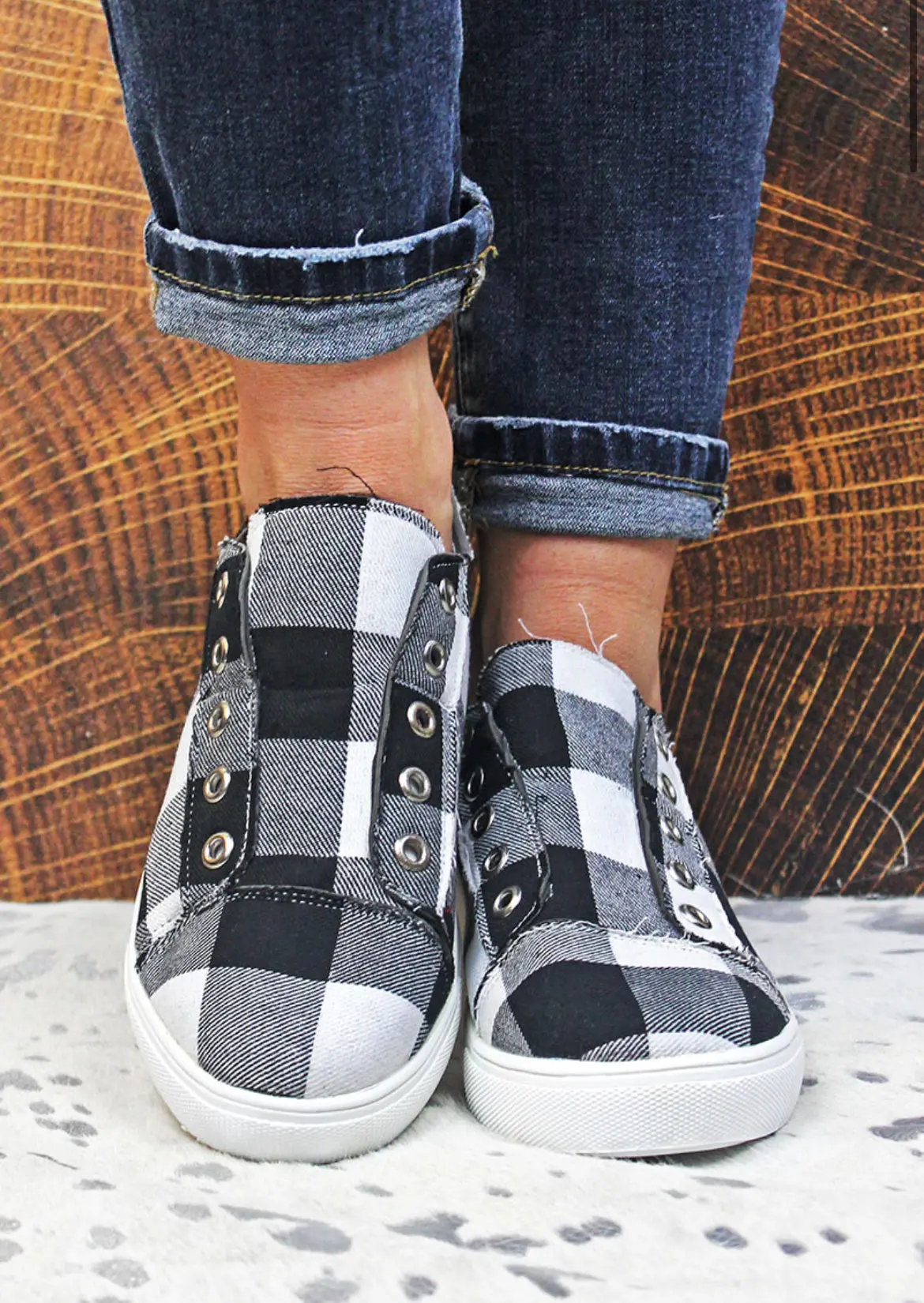 Black & White Checked Slip On Sneakers 1