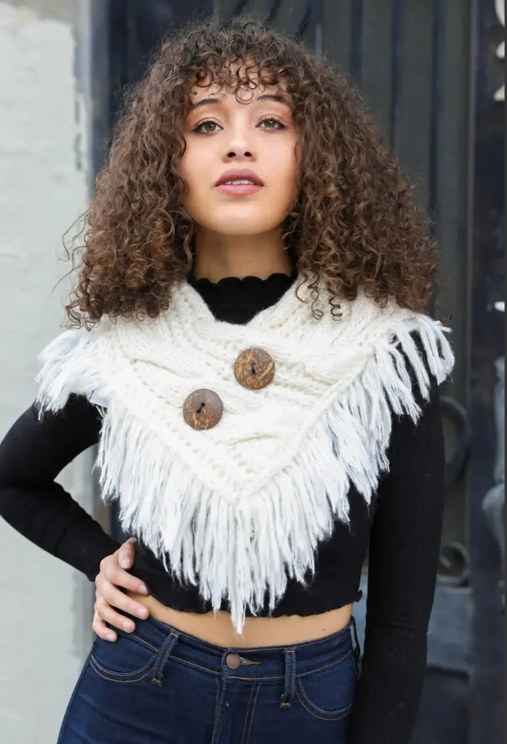 Fringed Scarf With Coco Buttons 1