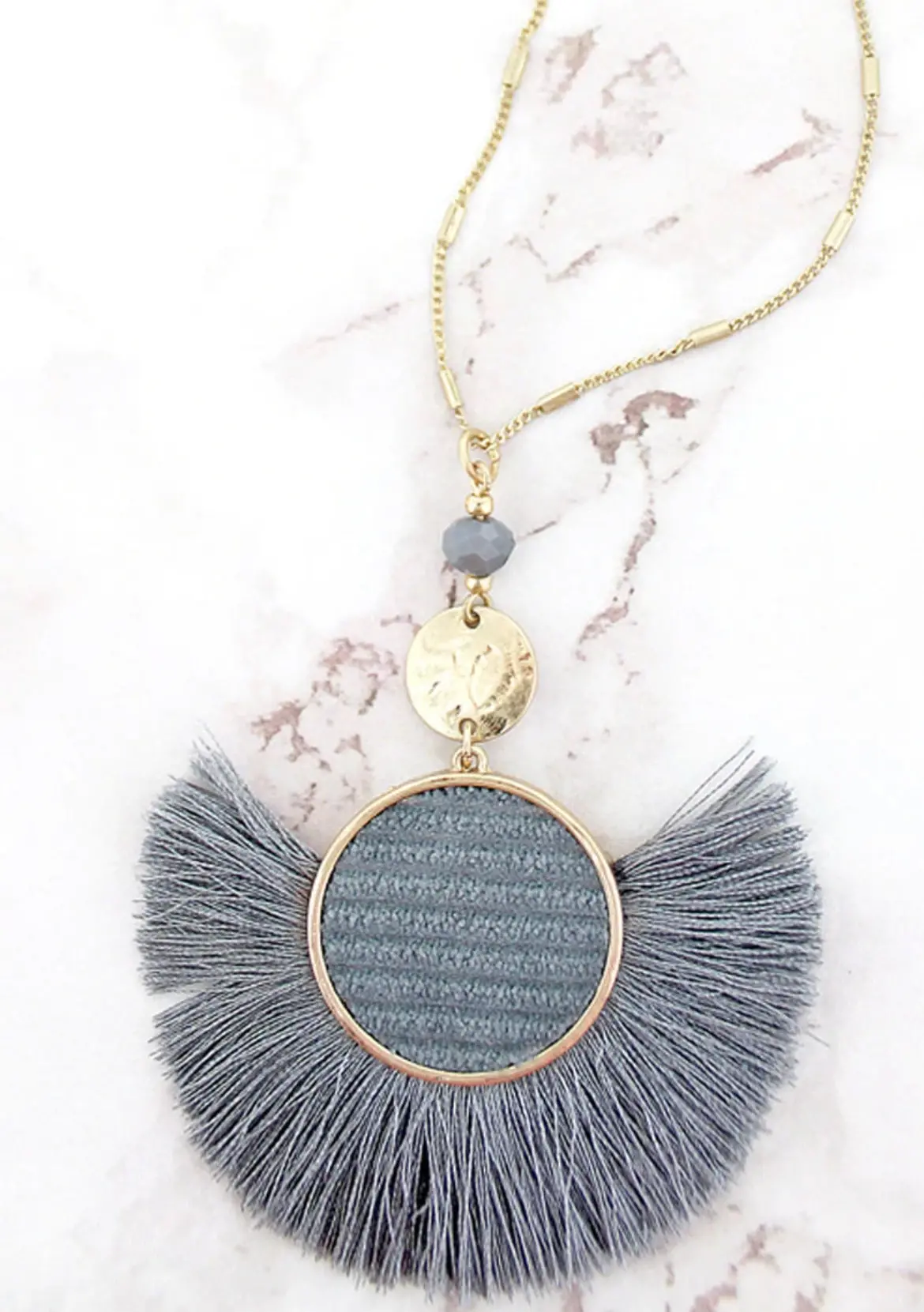 Gray Fringed Velvet Disk Fan Necklace 1