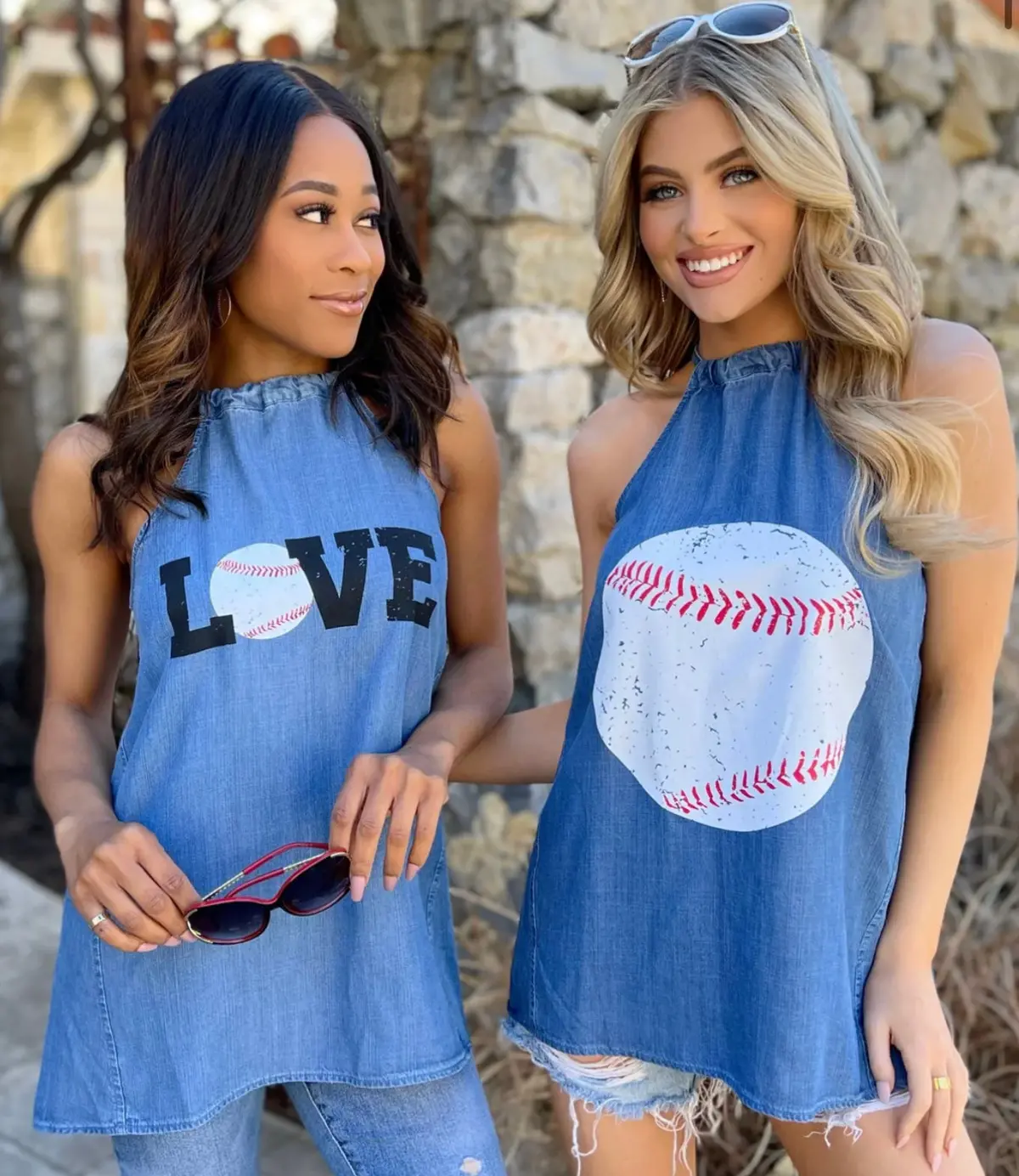 Baseball Chambray Denim Halter Tops 1