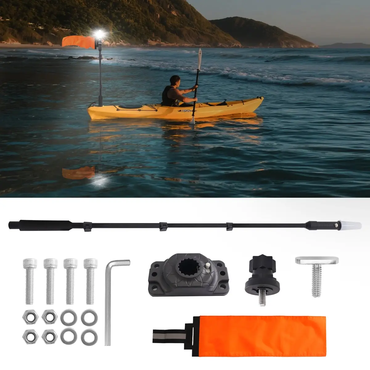 Tavaray Kayak Light With Orange Flag Pole Kit | 360° Led White Navigation Light 1