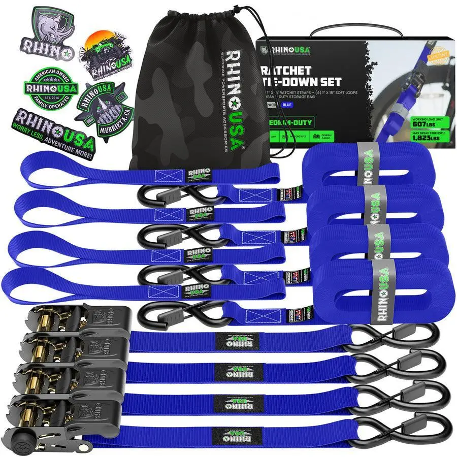 Rhino Usa Medium Duty Ratchet Strap Tie-Down 4-Pack (Blue) | Rcht-4Pack-Blu 1