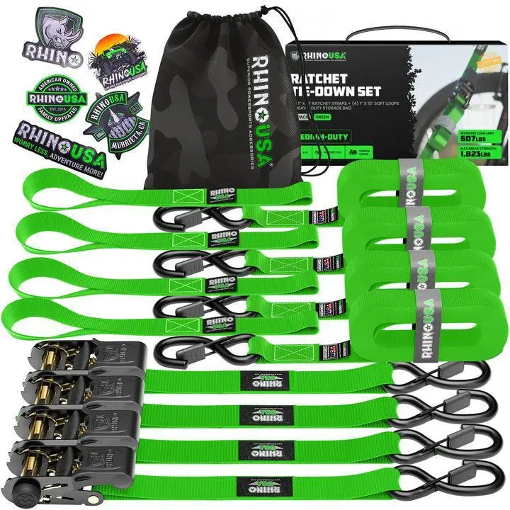 Rhino Usa Medium Duty Ratchet Strap Tie-Down 4-Pack (Green) | Rcht-4Pack-Grn 1