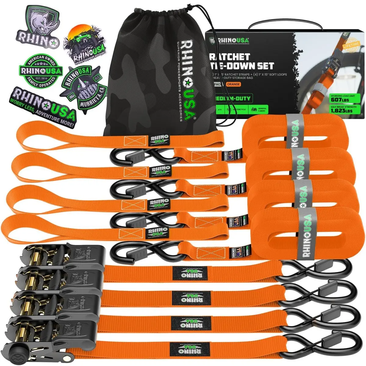 Rhino Usa Medium Duty Ratchet Strap Tie-Down 4-Pack (Orange)| Rcht-4Pack-Org 1