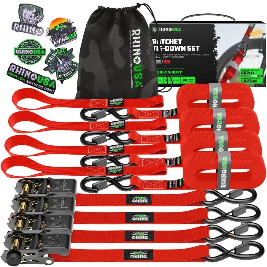 Rhino Usa Medium Duty Ratchet Strap Tie-Down 4-Pack (Red) | Rcht-4Pack-Red 1