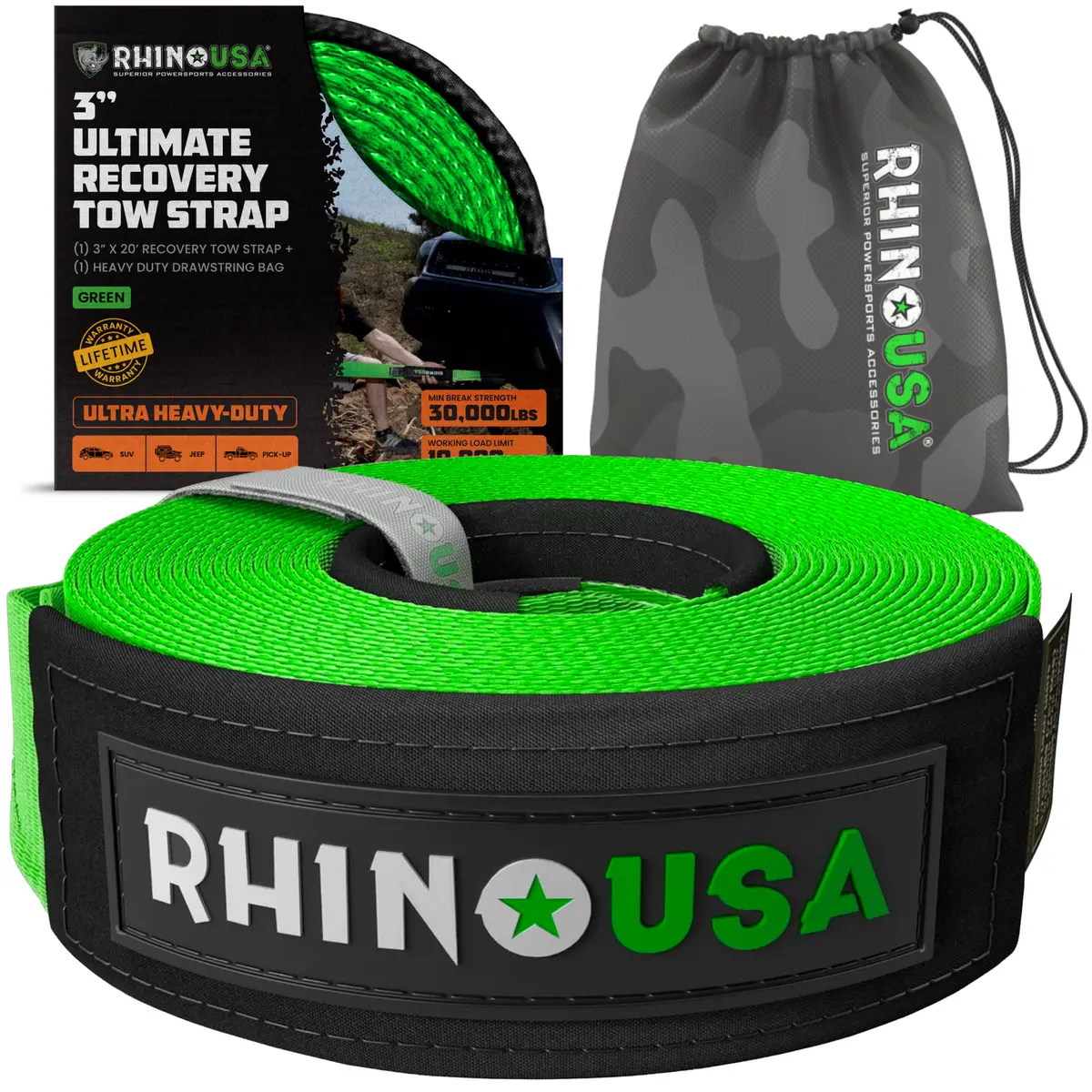 Rhino Usa Recovery Tow Strap 3Inx20ft (Green) | Rg-Ts3x20-Grn 1