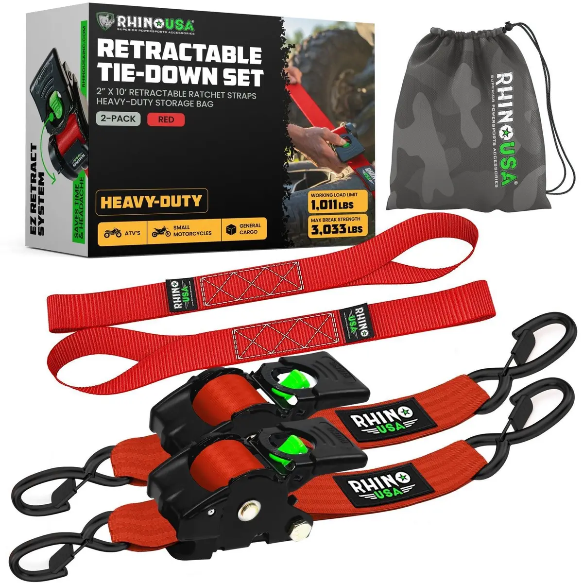 Rhino Usa Retractable Ratchet Straps (2Pk 2Inx10ft) (Red) | Td-Rsre2x10-Red-R 1