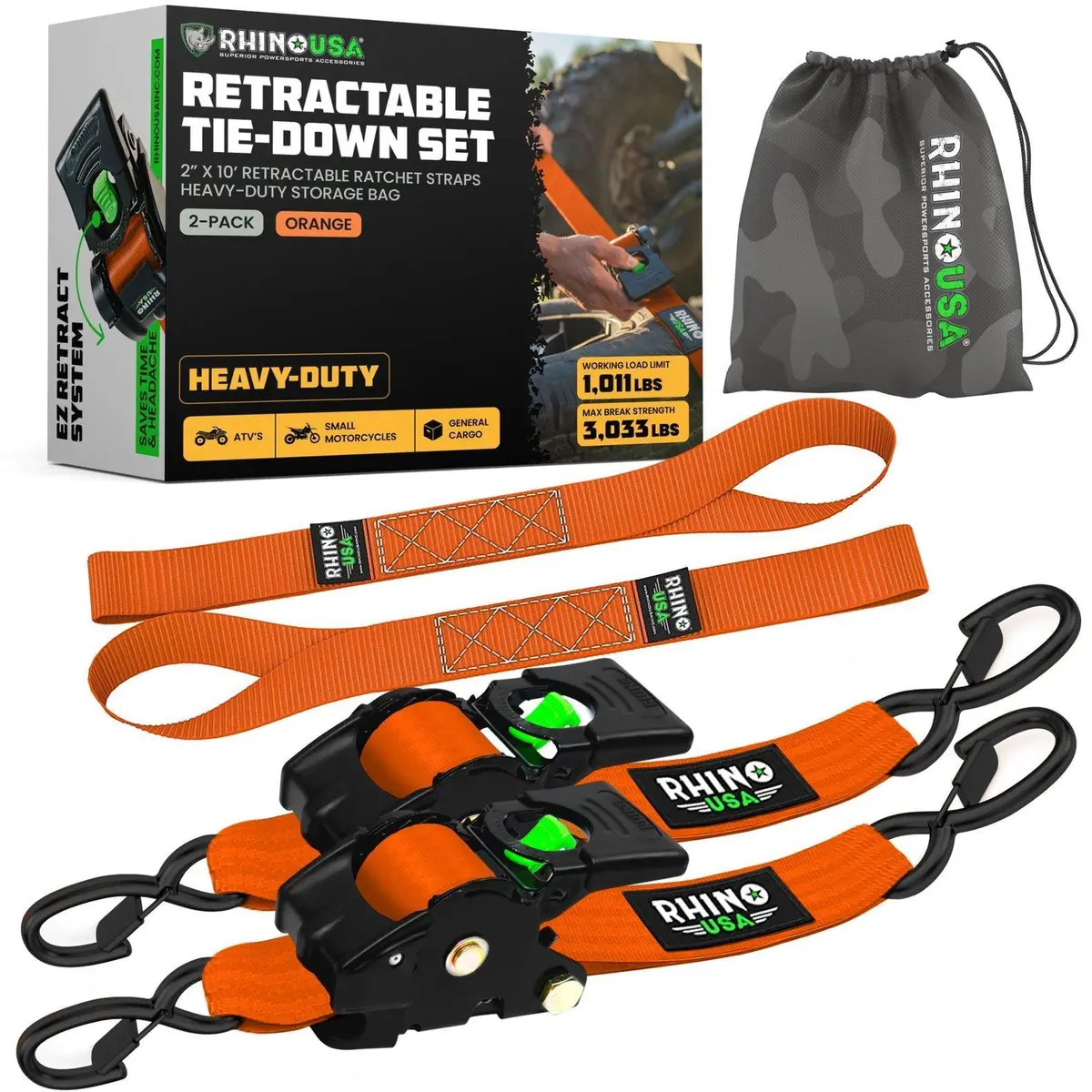 Rhino Usa Retractable Ratchet Straps (2Pk 2Inx10ft) (Orange) | Td-Rsre2x10-Org-R 1
