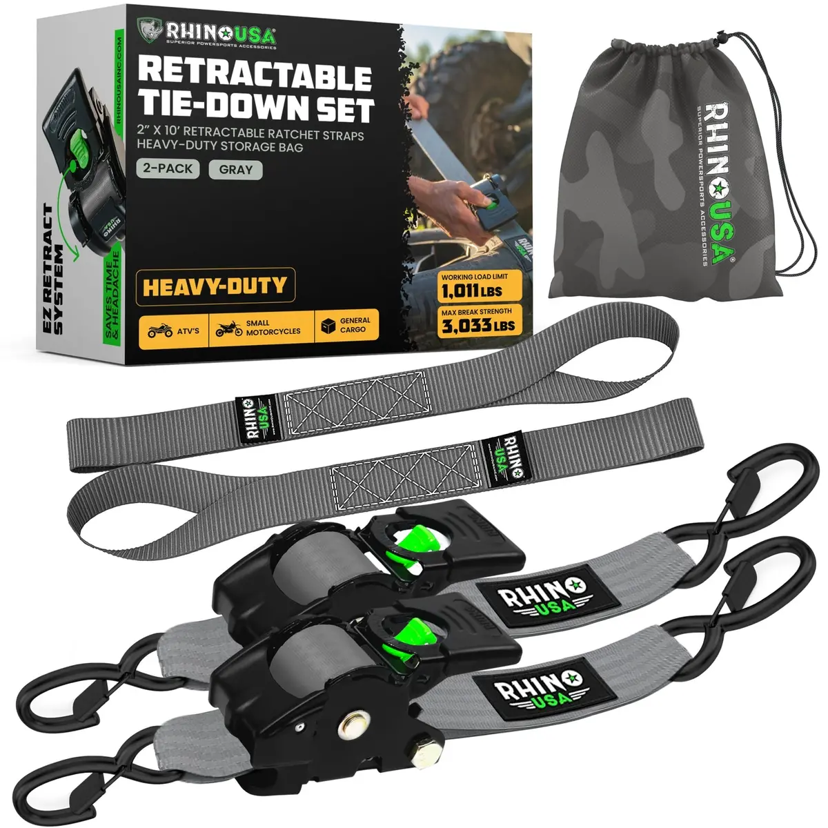 Rhino Usa Retractable Ratchet Straps (2Pk 2Inx10ft) (Gray) | Td-Rsre2x10-Gry-R 1