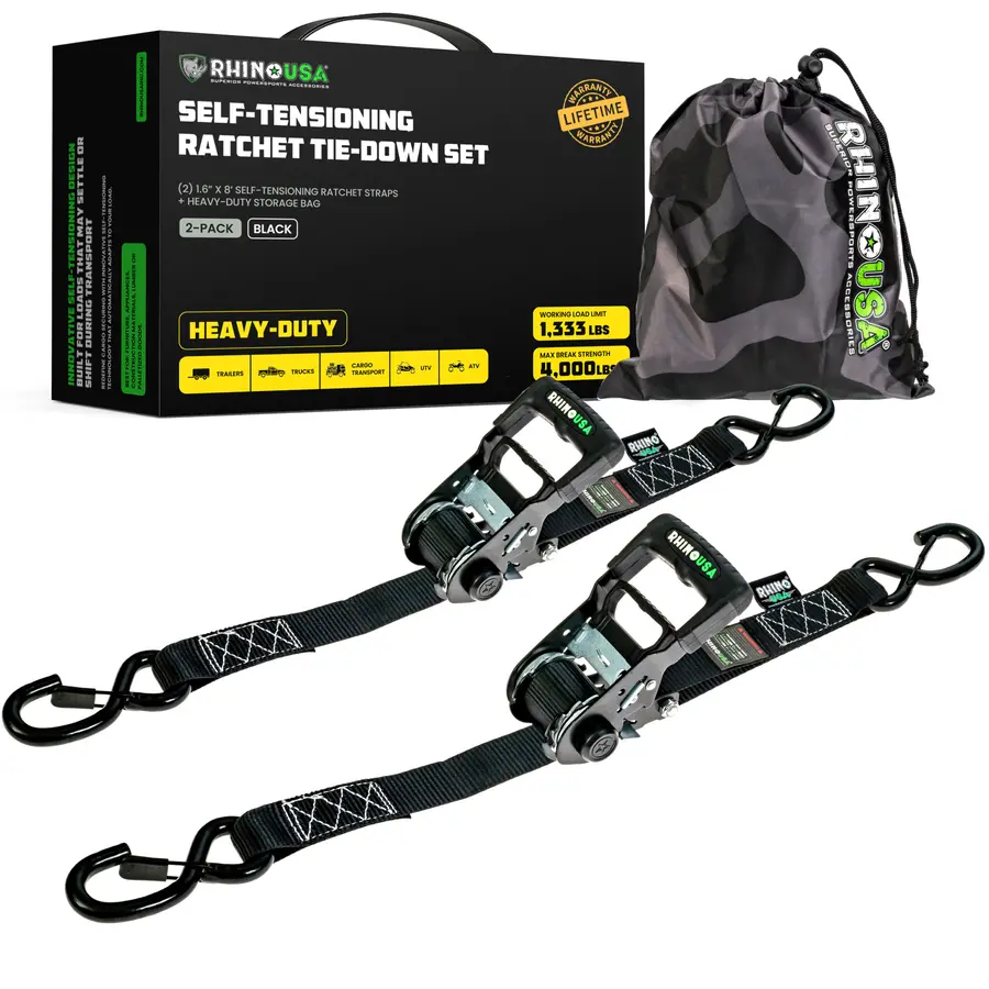 Rhino Usa Self-Tensioning Ratchet Straps (2Pk 1.6Inx8ft) (Black) | Td-Rsst-16X8-2Blk 1