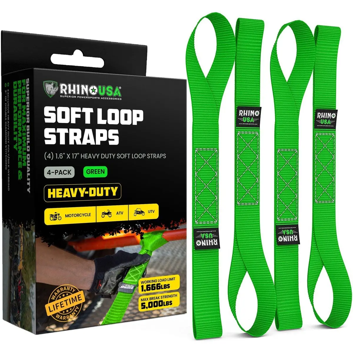 Rhino Usa Soft Loops Motorcycle Tie-Down Set 4-Pack Green | Soft4pack-Grn 1