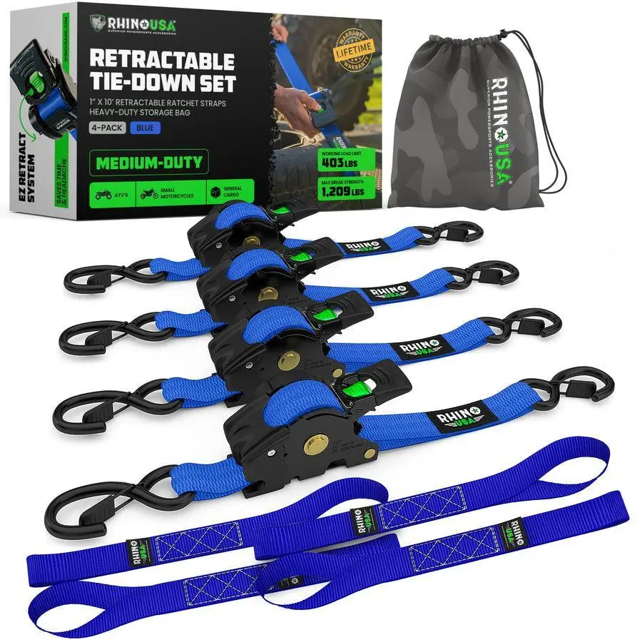 Rhino Usa Retractable Ratchet Straps (4Pk 1Inx10ft) (Blue) | Td-Rsre1x10-Blu-R 1