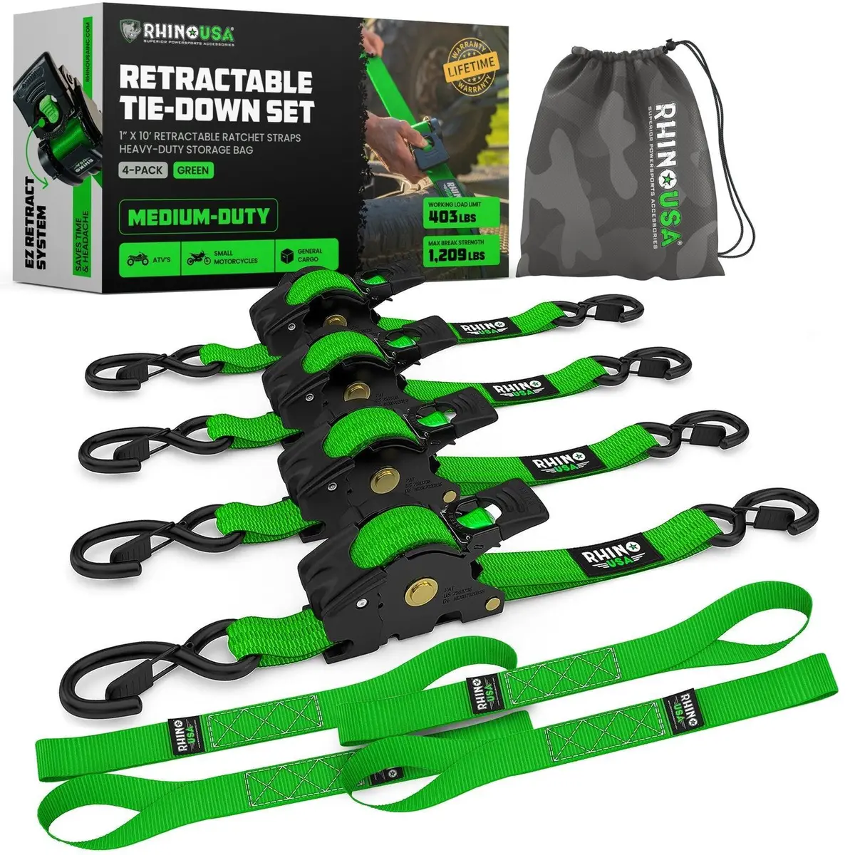Rhino Usa Retractable Ratchet Straps (4Pk 1Inx10ft) (Green) | Td-Rsre1x10-Grn-R 1