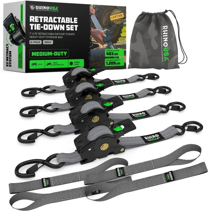 Rhino Usa Retractable Ratchet Straps (4Pk 1Inx10ft) (Gray) | Td-Rsre1x10-Gry 1