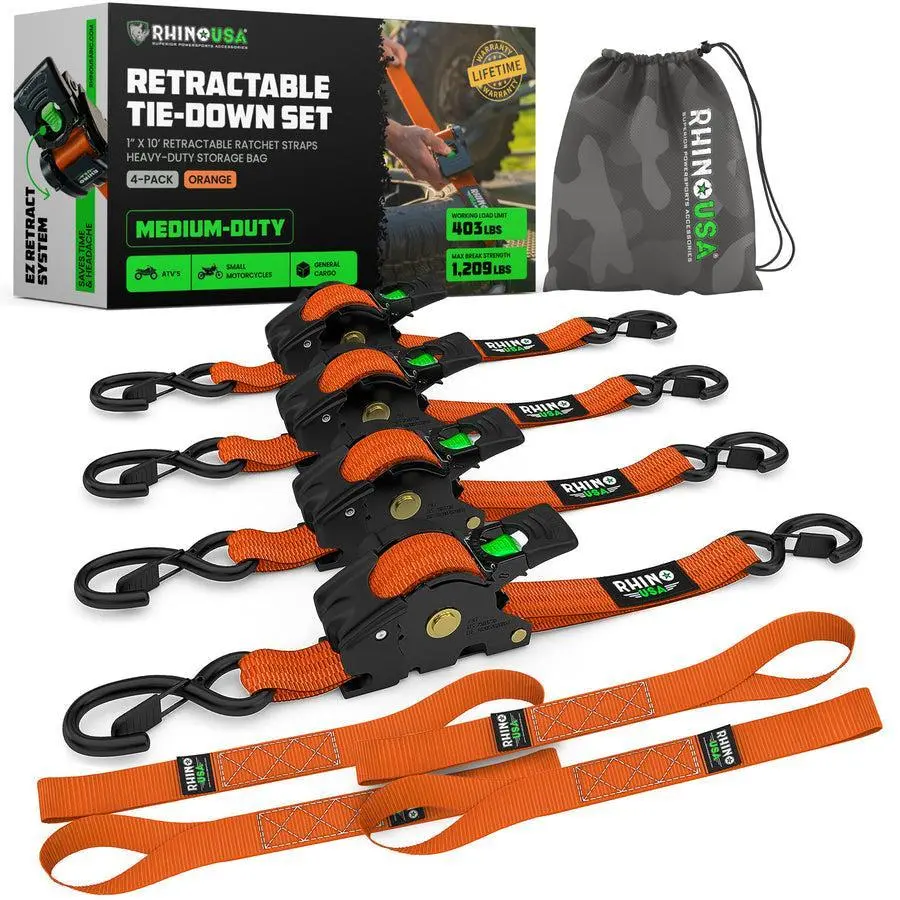 Rhino Usa Retractable Ratchet Straps (4Pk 1Inx10ft) (Orange) | Td-Rsre1x10-Org-R 1