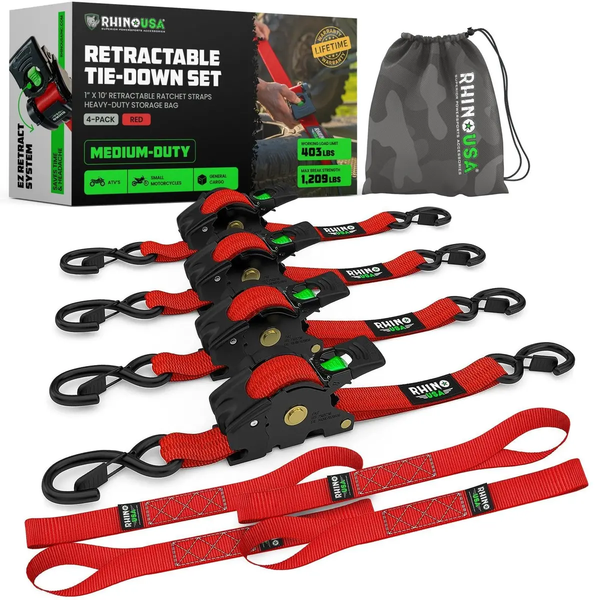 Rhino Usa Retractable Ratchet Straps (4Pk 1Inx10ft) (Red) | Td-Rsre1x10-Red-R 1